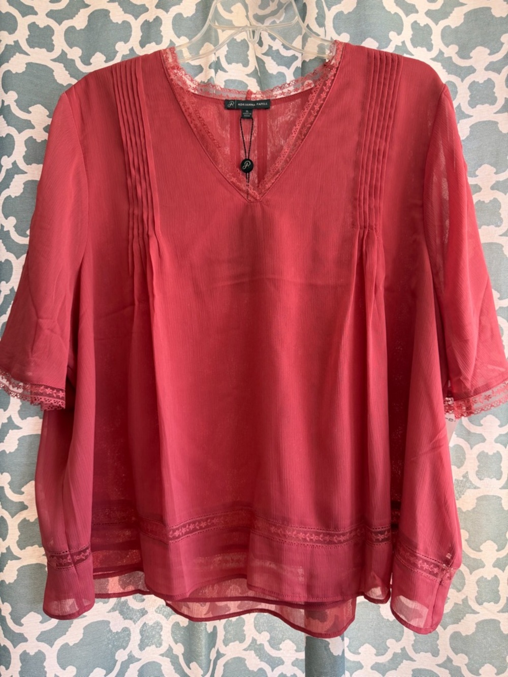 Adrianna Papell Rose-Pink V-Neck Pintuck Blouse NEW WITH TAGS